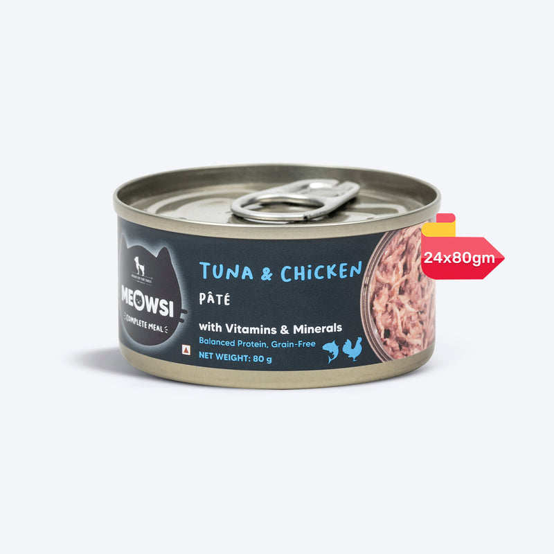 Meowsi by HUFT Tuna & Chicken Pâté Canned Cat Wet Food, 80 gm, grain-free with vitamins and minerals.