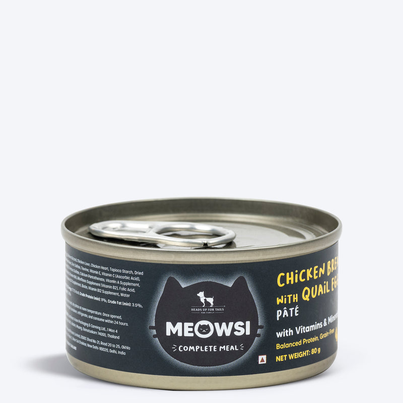 Meowsi by HUFT Chicken Breast with Quail Egg pâté, 80 gm can, grain-free, with vitamins and minerals for cats.