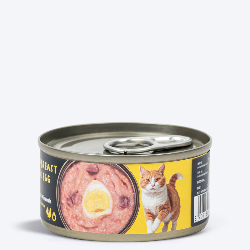 Meowsi by HUFT Chicken Breast with Quail Egg pâté, 80 gm can, grain-free, with vitamins and minerals for cats.