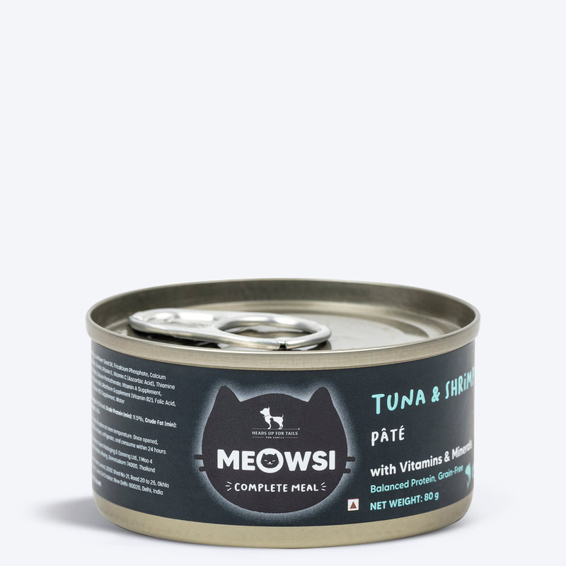 Meowsi by HUFT Tuna & Shrimp Pâté Canned Cat Wet Food, 80 gm, with vitamins and minerals, grain-free formula.