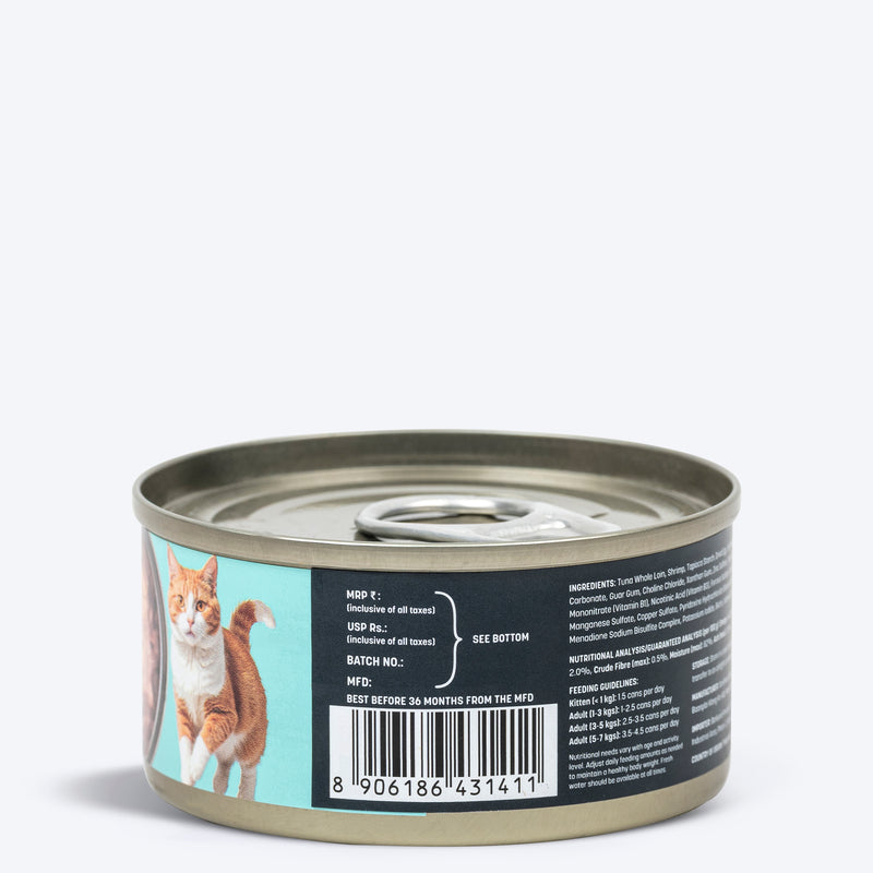 Meowsi by HUFT Tuna & Shrimp Pâté Canned Cat Wet Food, 80 gm, with vitamins and minerals, grain-free formula.