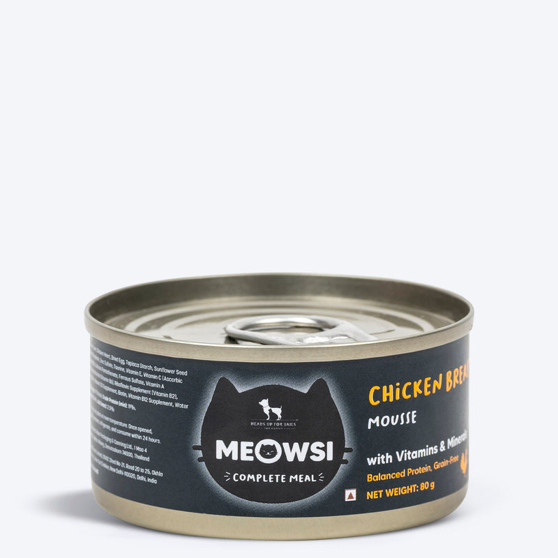 Meowsi by HUFT Chicken Breast Mousse Canned Cat Wet Food, 80 gm, with vitamins and minerals, grain-free formula.