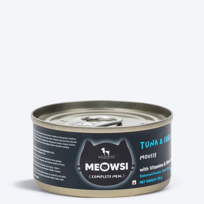 Meowsi by HUFT Tuna & Shrimp Mousse Canned Cat Wet Food, 80 gm, with vitamins and minerals, grain-free formula.