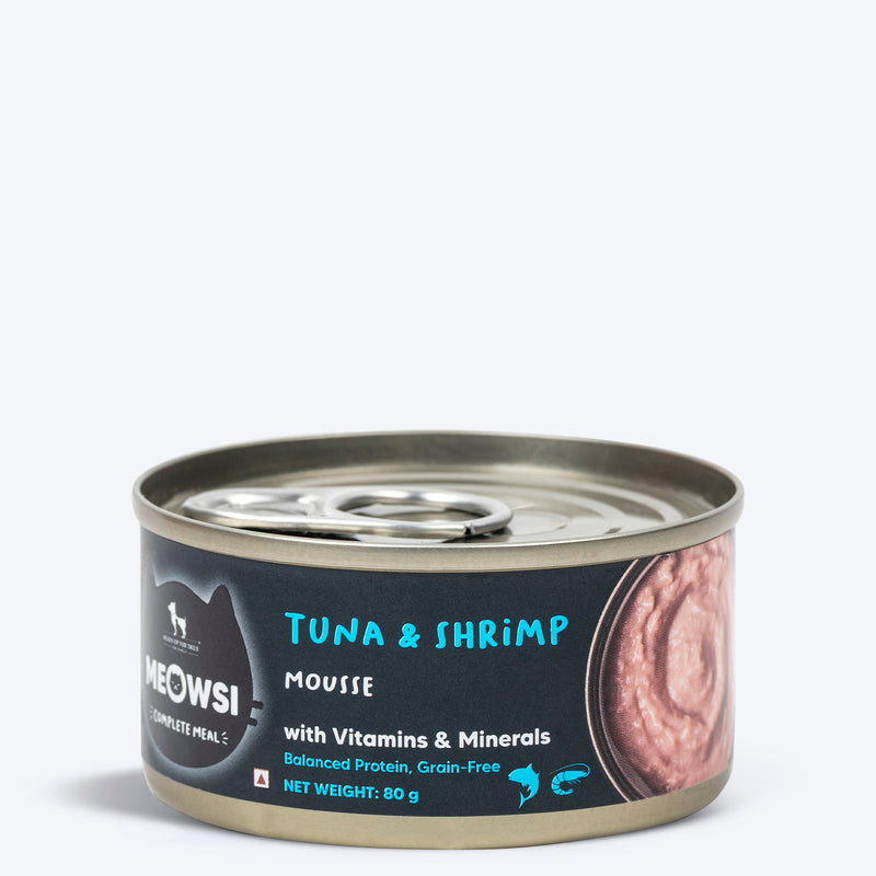 Meowsi by HUFT Tuna & Shrimp Mousse Canned Cat Wet Food, 80 gm, with vitamins and minerals, grain-free formula.