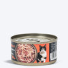 Meowsi by HUFT Chicken Breast with Duck in Broth, 80 gm can, features a pull-tab lid and a mix of shredded meat.