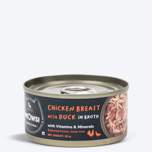 Meowsi by HUFT Chicken Breast with Duck in Broth, 80 gm can, features a pull-tab lid and a mix of shredded meat.