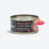 Meowsi by HUFT Chicken Breast with Duck in Broth, 80 gm can, features a pull-tab lid and a mix of shredded meat.
