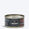 Meowsi by HUFT Chicken Breast with Duck in Broth, 80 gm can, features a pull-tab lid and a mix of shredded meat.