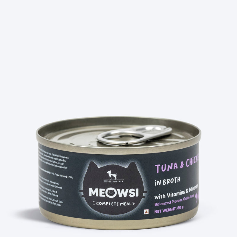 Meowsi by HUFT Tuna & Chicken in Broth Canned Cat Wet Food, 80 gm, with vitamins and minerals, grain-free.