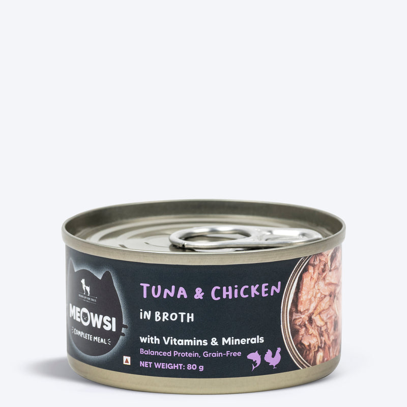 Meowsi by HUFT Tuna & Chicken in Broth Canned Cat Wet Food, 80 gm, with vitamins and minerals, grain-free.