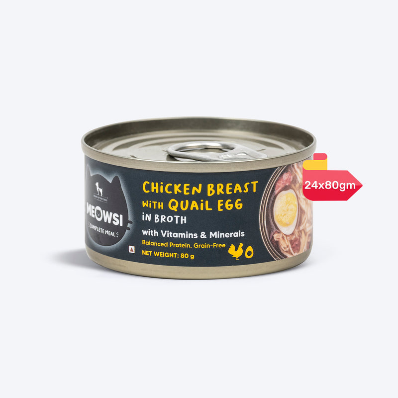 Meowsi by HUFT Chicken Breast with Quail Egg in Broth, 80 gm, grain-free, with vitamins and minerals.
