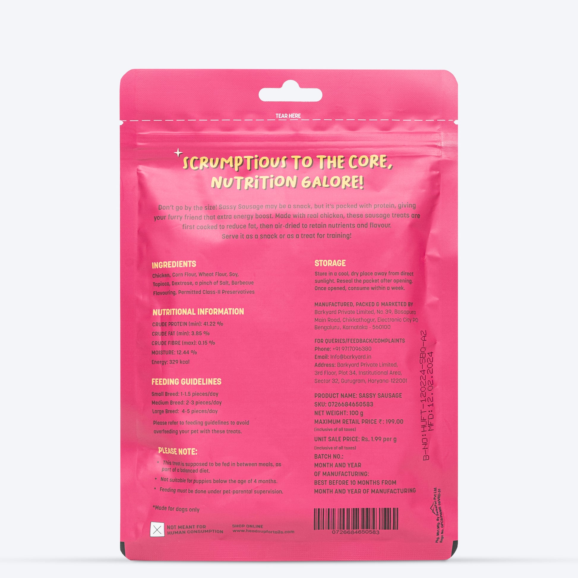 HUFT Sassy Sausage BBQ With Real Chicken Air-Dried Dog Treats - 100 g - Heads Up For Tails