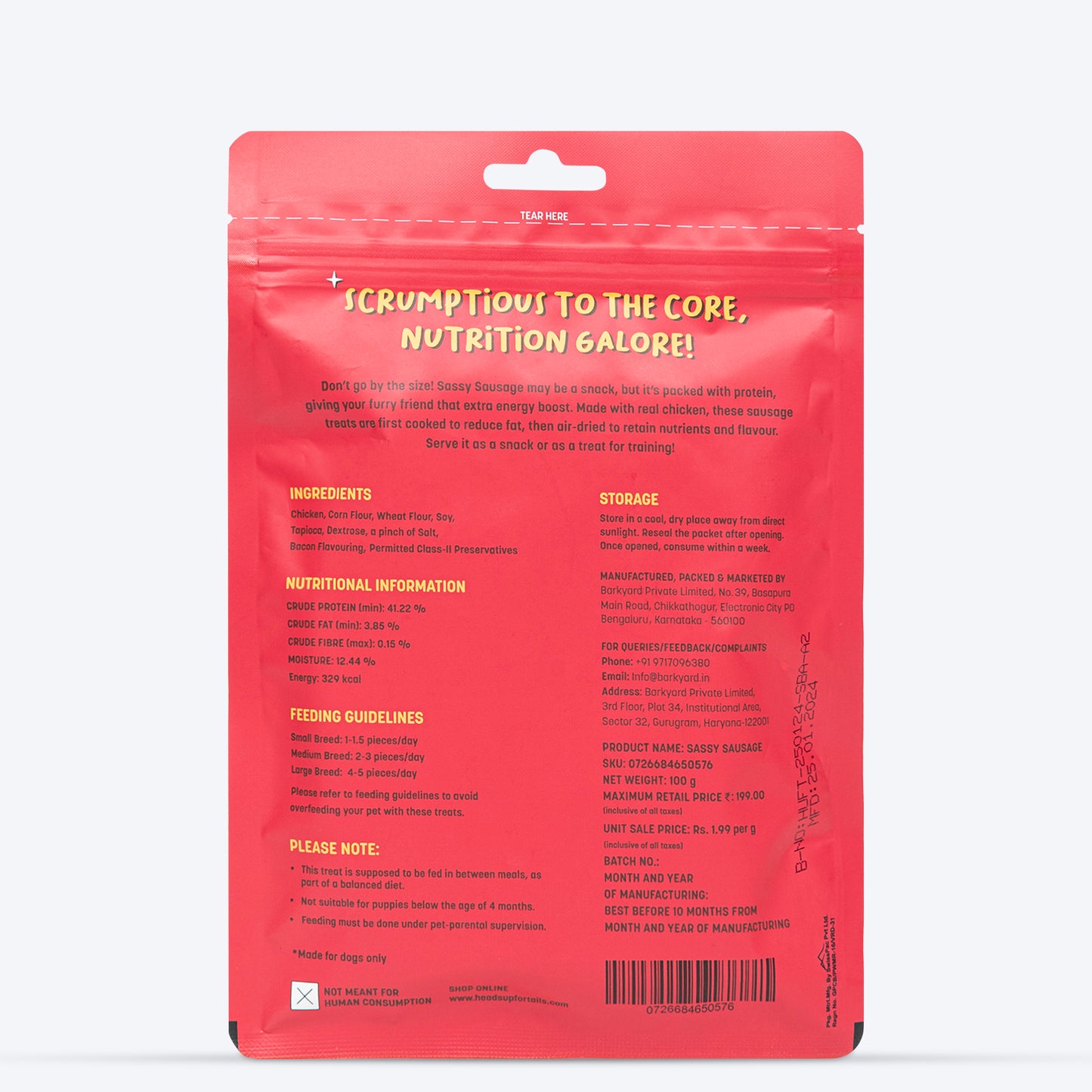 HUFT Sassy Sausage Bacon With Real Chicken Air-Dried Dog Treats - 100 g - Heads Up For Tails