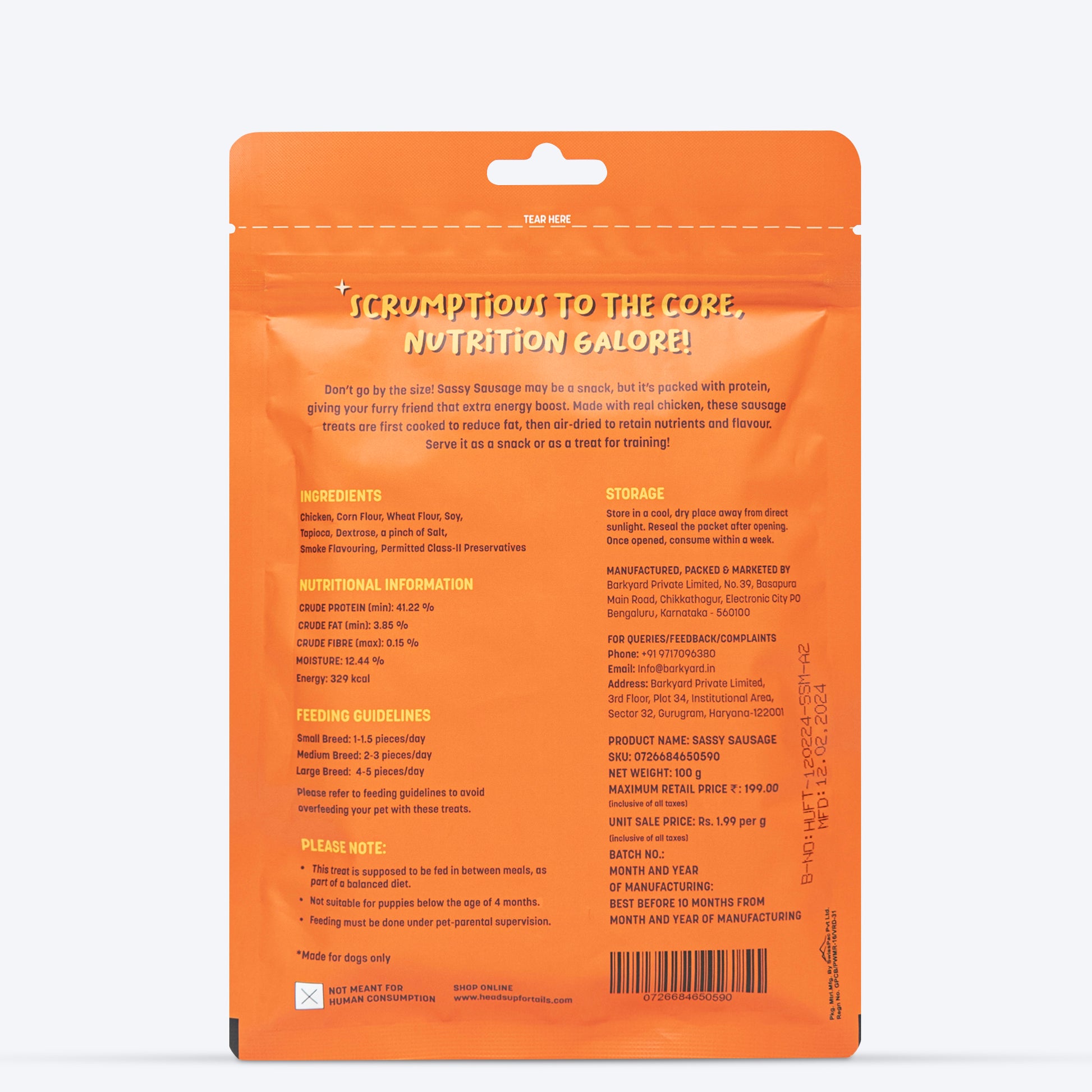 HUFT Sassy Sausage Smokey With Real Chicken Air-Dried Dog Treats - 100 g - Heads Up For Tails