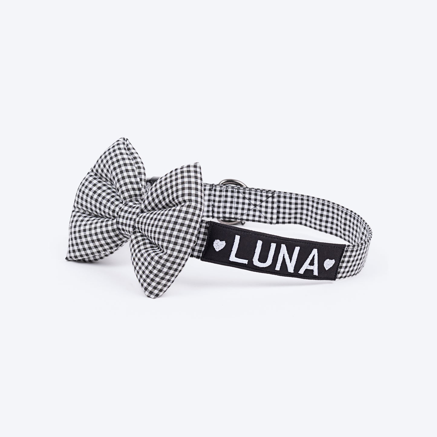 HUFT Personalised Gingham Fabric Collar With Bow Tie For Dogs - Black - Heads Up For Tails