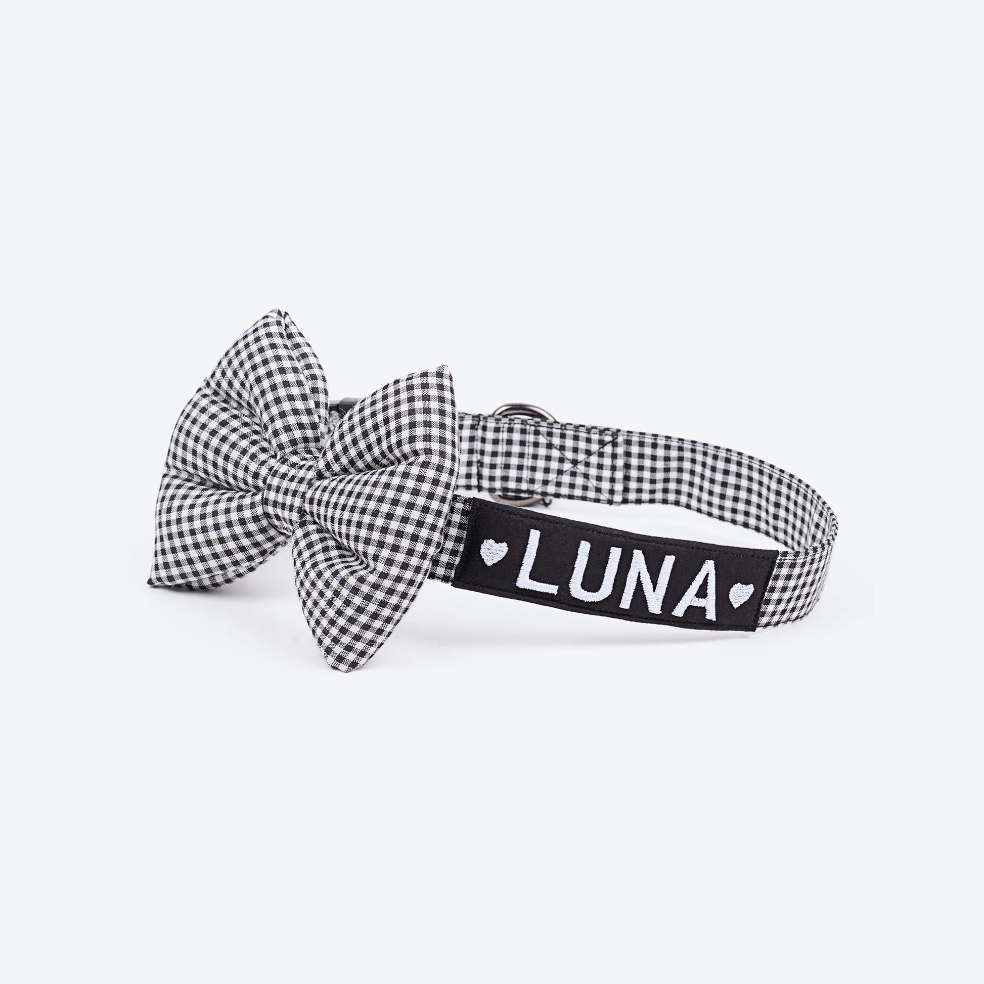 HUFT Personalised Gingham Fabric Collar With Bow Tie For Dogs - Black - Heads Up For Tails