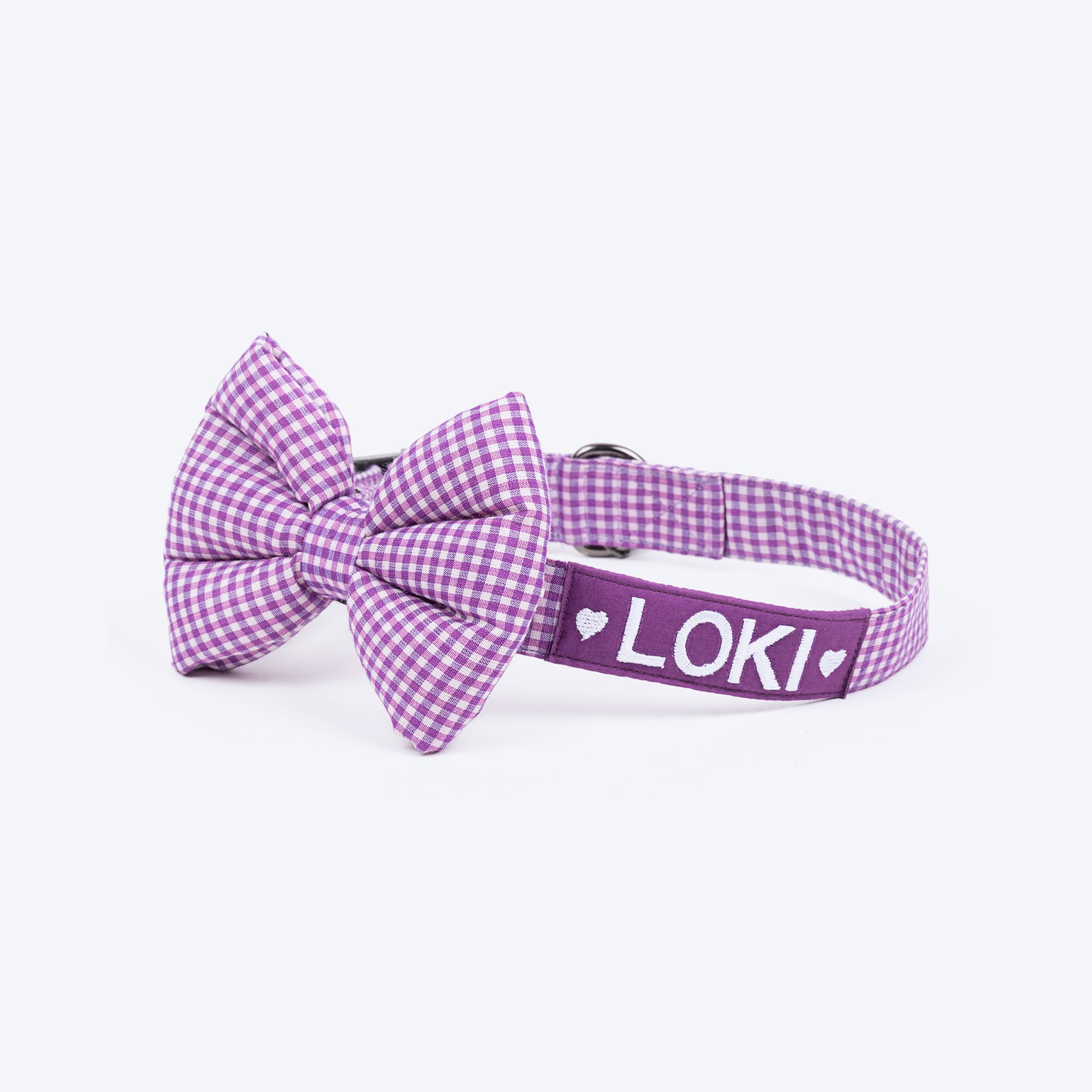 HUFT Personalised Gingham Fabric Collar With Bow Tie For Dogs - Purple - Heads Up For Tails
