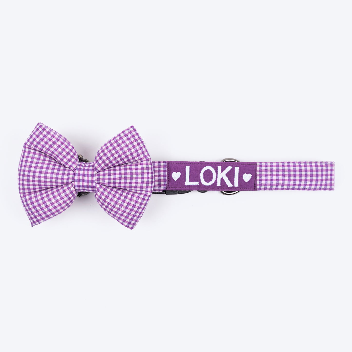 HUFT Personalised Gingham Fabric Collar With Bow Tie For Dogs - Purple - Heads Up For Tails