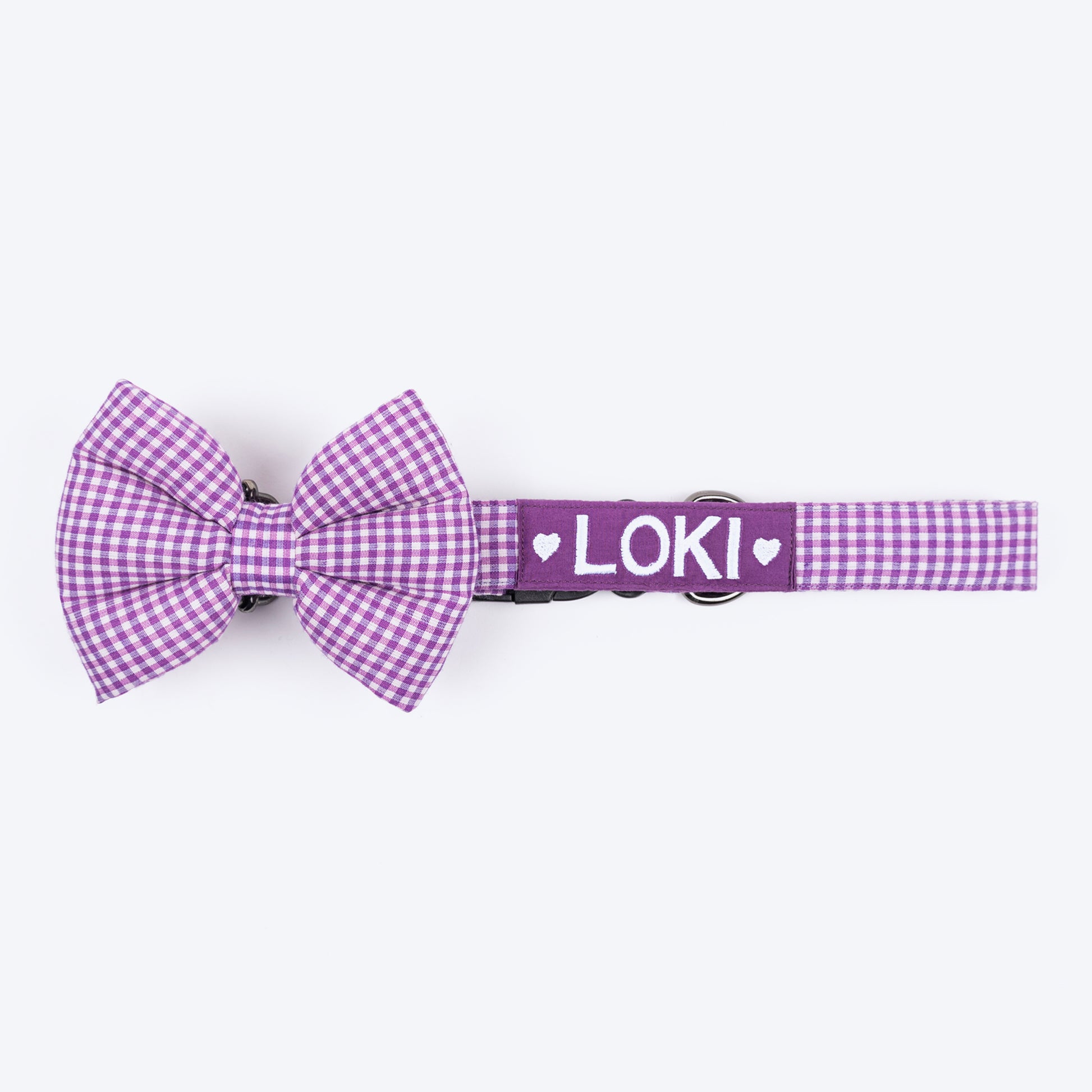 HUFT Personalised Gingham Fabric Collar With Bow Tie For Dogs - Purple - Heads Up For Tails