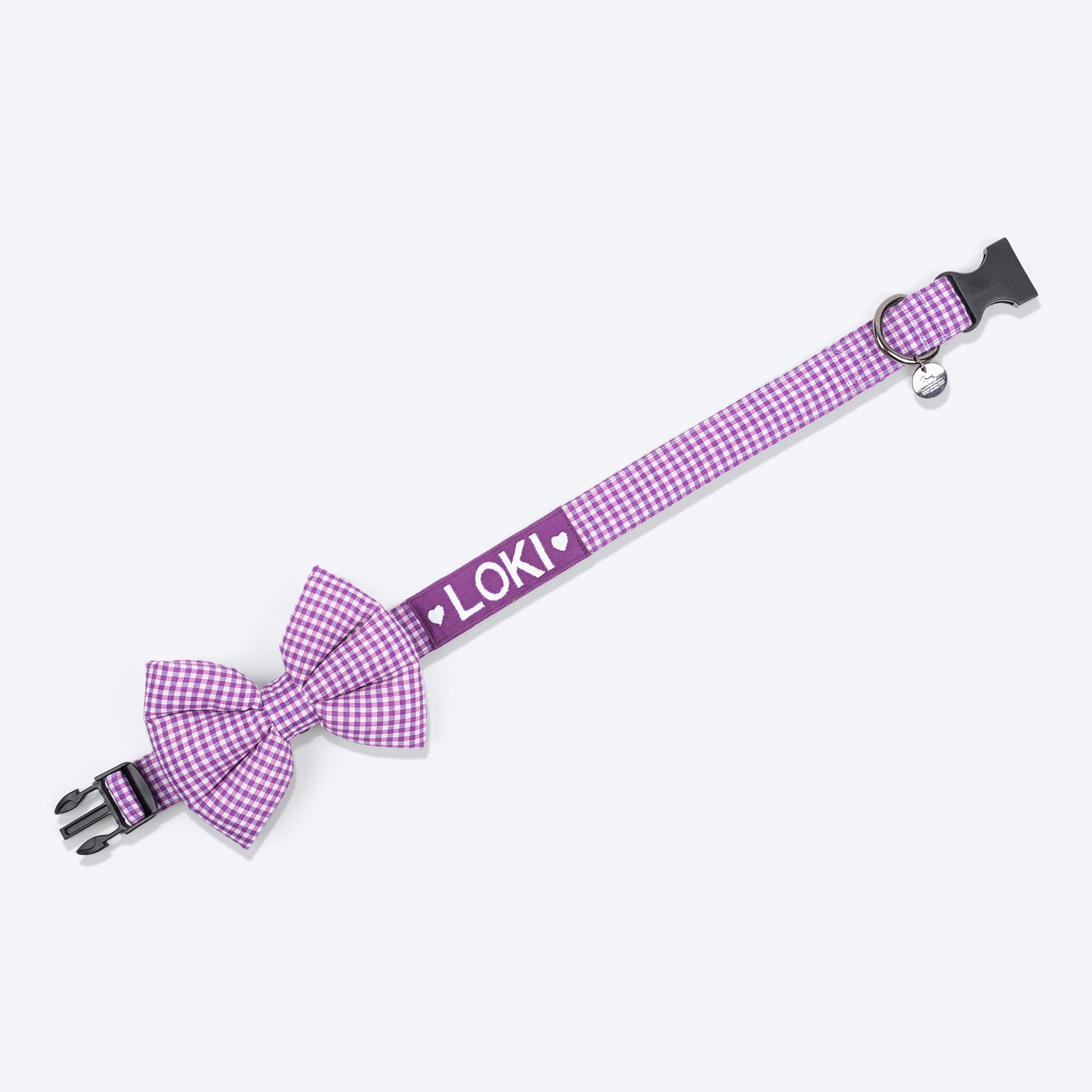 HUFT Personalised Gingham Fabric Collar With Bow Tie For Dogs - Purple - Heads Up For Tails