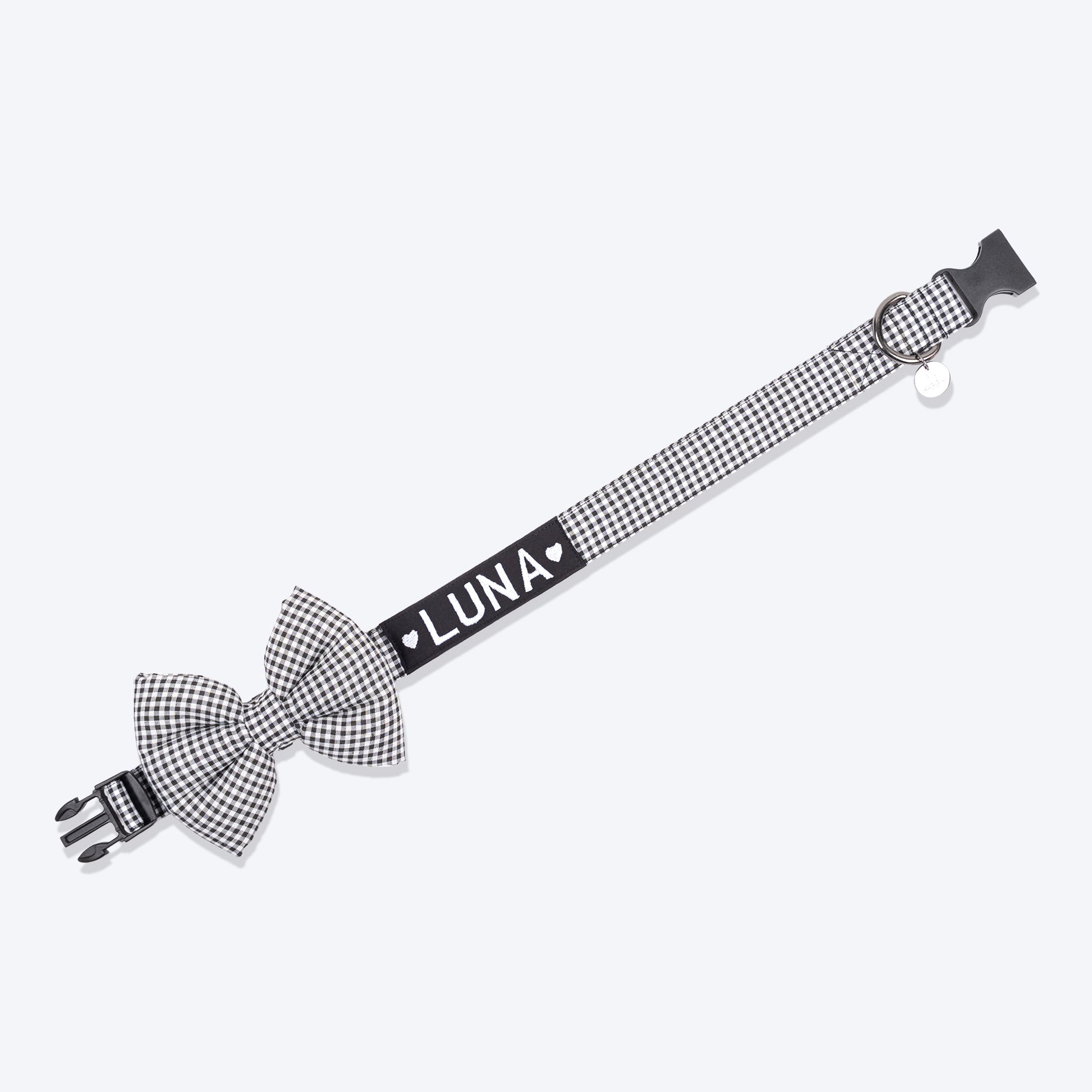 HUFT Personalised Gingham Fabric Collar With Bow Tie For Dogs - Black - Heads Up For Tails