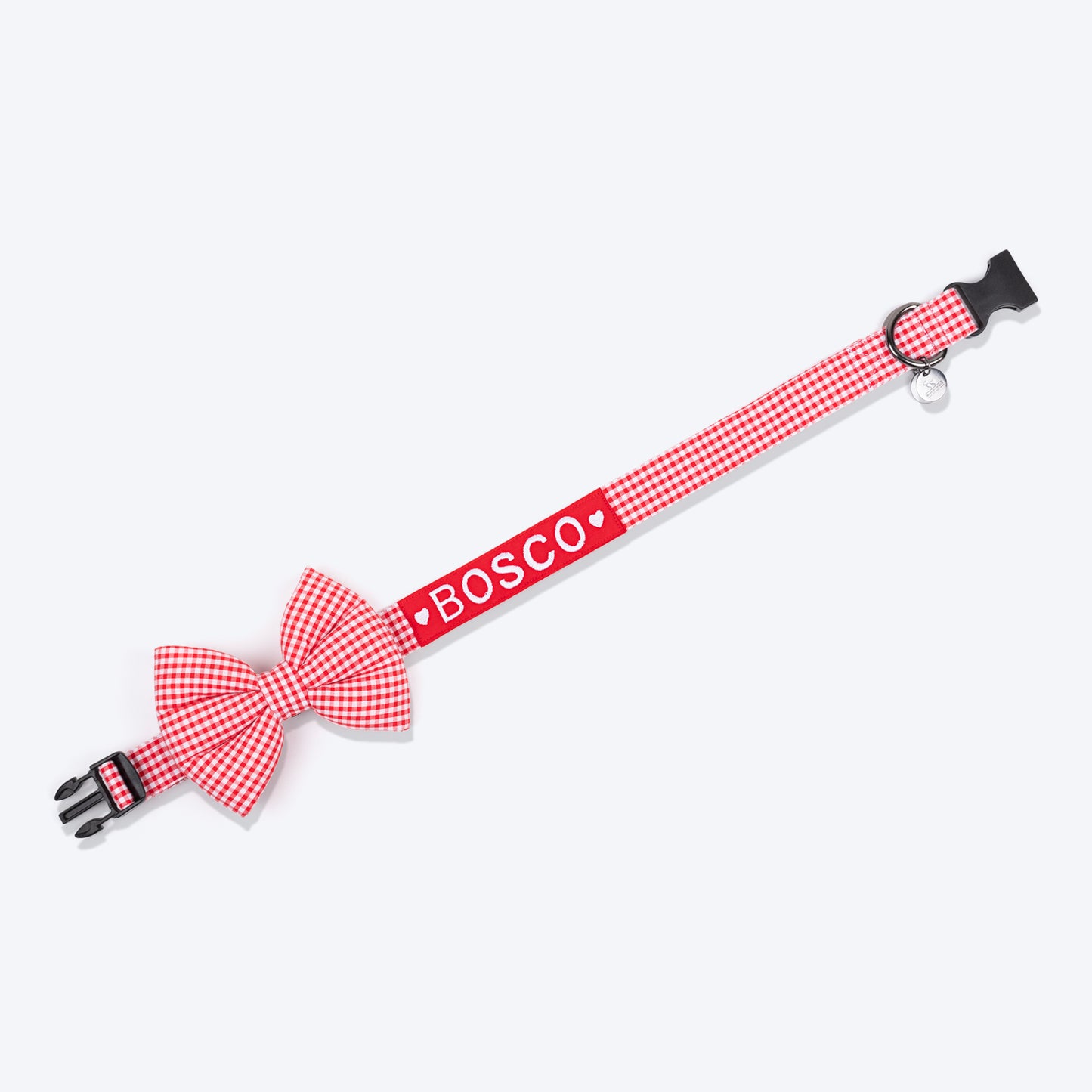 HUFT Personalised Gingham Fabric Collar With Bow Tie For Dogs - Red - Heads Up For Tails