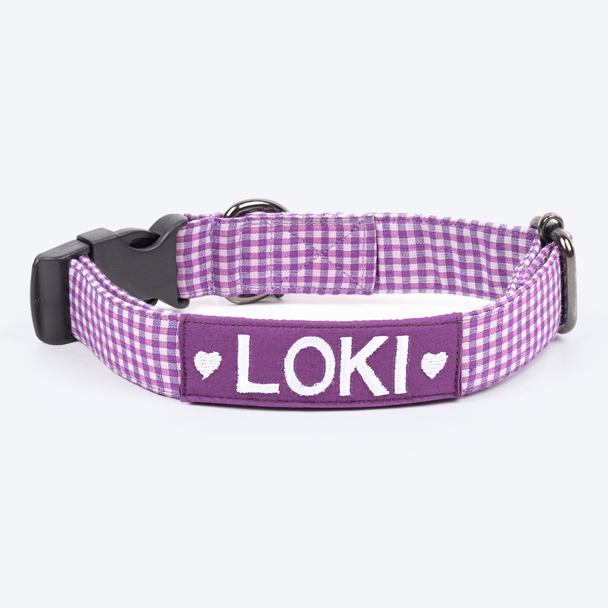 HUFT Personalised Gingham Fabric Collar With Bow Tie For Dogs - Purple - Heads Up For Tails