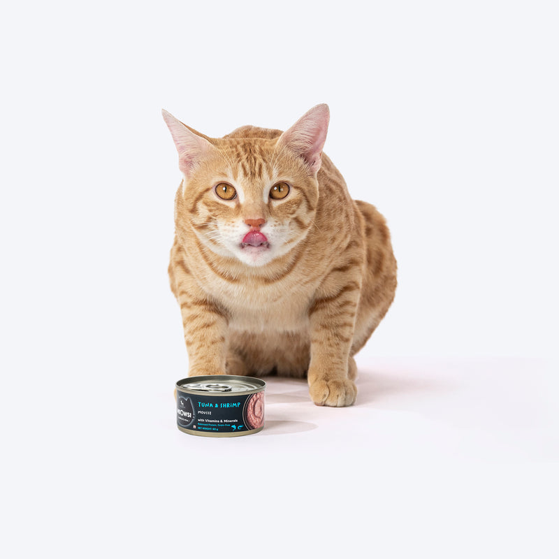 Meowsi by HUFT Tuna & Shrimp Mousse Canned Cat Wet Food, 80 gm, with vitamins and minerals, grain-free formula.