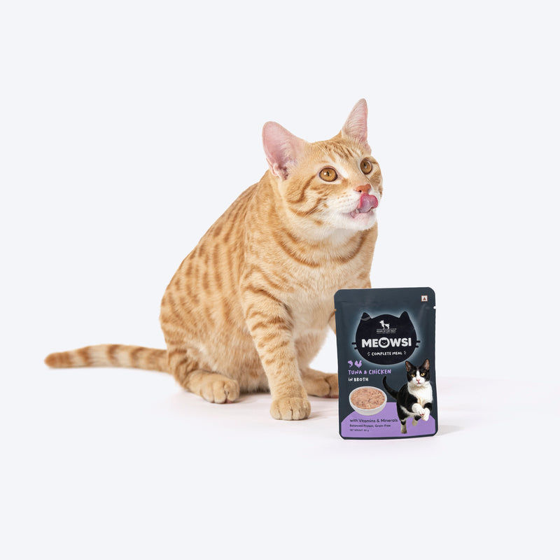 Meowsi by HUFT Tuna & Chicken in Broth Cat Wet Food, 80 gm, with vitamins and minerals, grain-free formula.