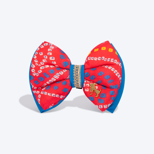 HUFT Festive Bandhej Bling Dog Bow Tie - Pink & Blue - Heads Up For Tails