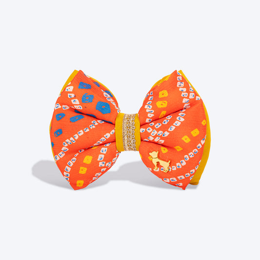 HUFT Festive Bandhej Bling Dog Bow Tie  - Orange And Yellow - Heads Up For Tails