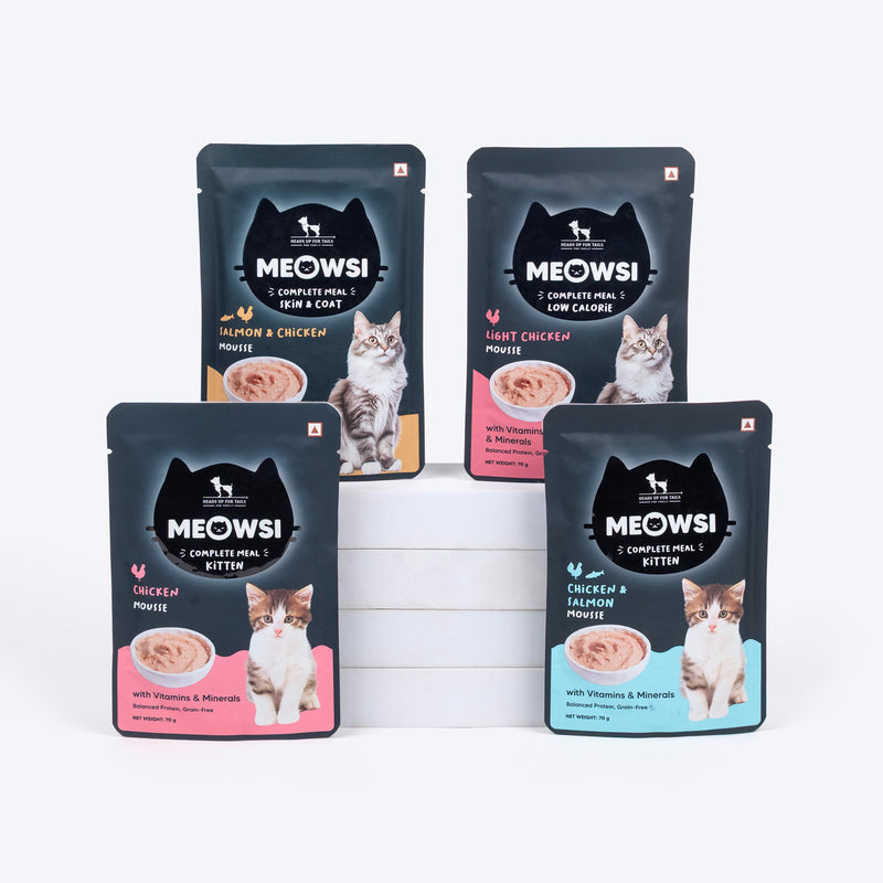 Meowsi by HUFT Skin & Coat Salmon & Chicken Mousse Cat Wet Food, 70 gm, with vitamins and minerals, grain-free.