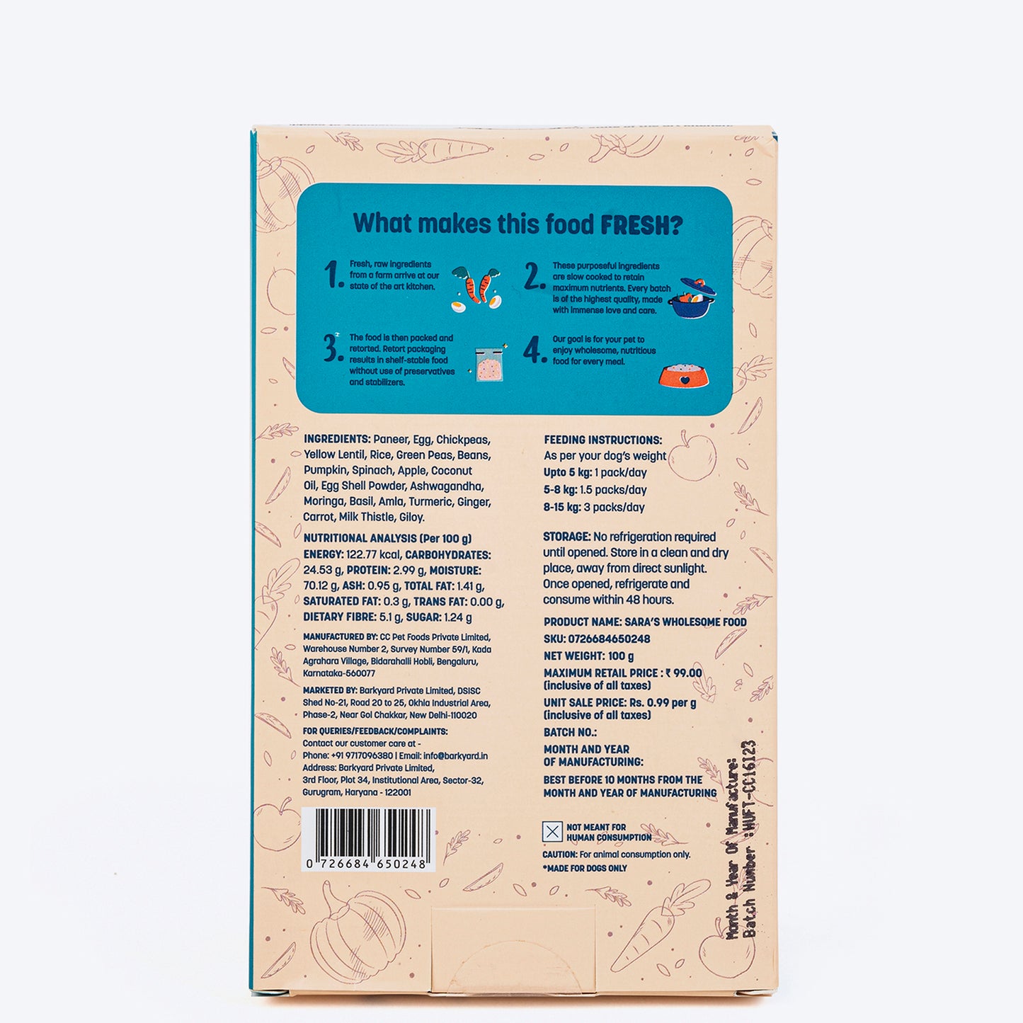 Sara's Wholesome Classic Paneer And Eggs Dog Food - 100 gm - Heads Up For Tails