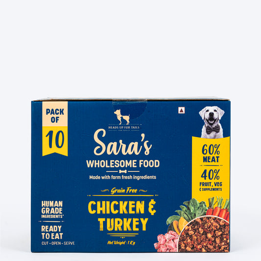 Sara's Wholesome Grain-Free Chicken and Turkey Dog Food, pack of 10 x 100g, made with human-grade ingredients.