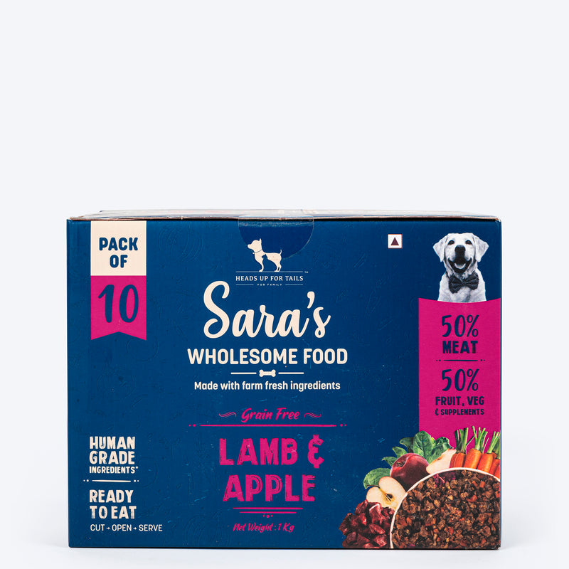 Sara's Wholesome Grain-Free Lamb and Apple Dog Food, pack of 10 x 100g, made with human-grade ingredients.