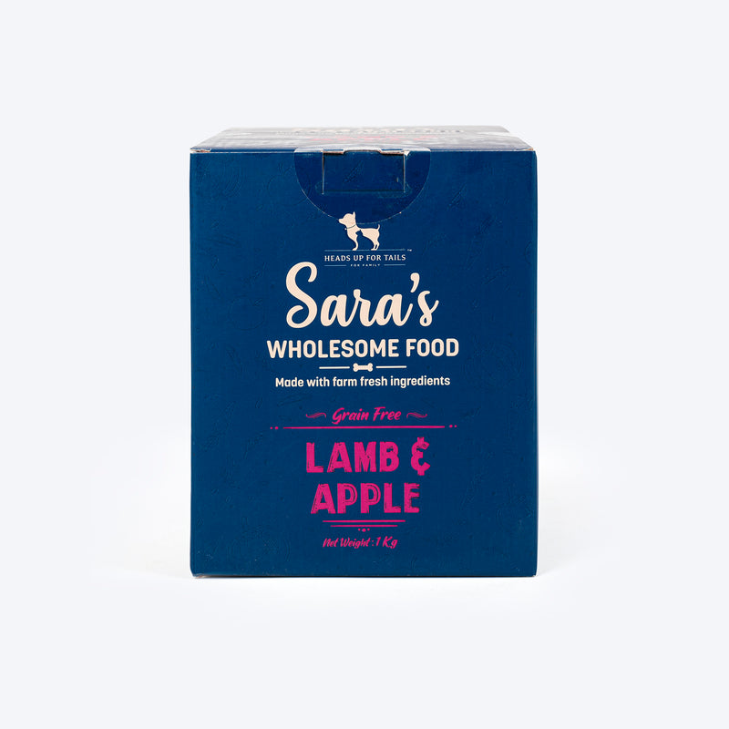 Sara's Wholesome Grain-Free Lamb and Apple Dog Food, pack of 10 x 100g, made with human-grade ingredients.