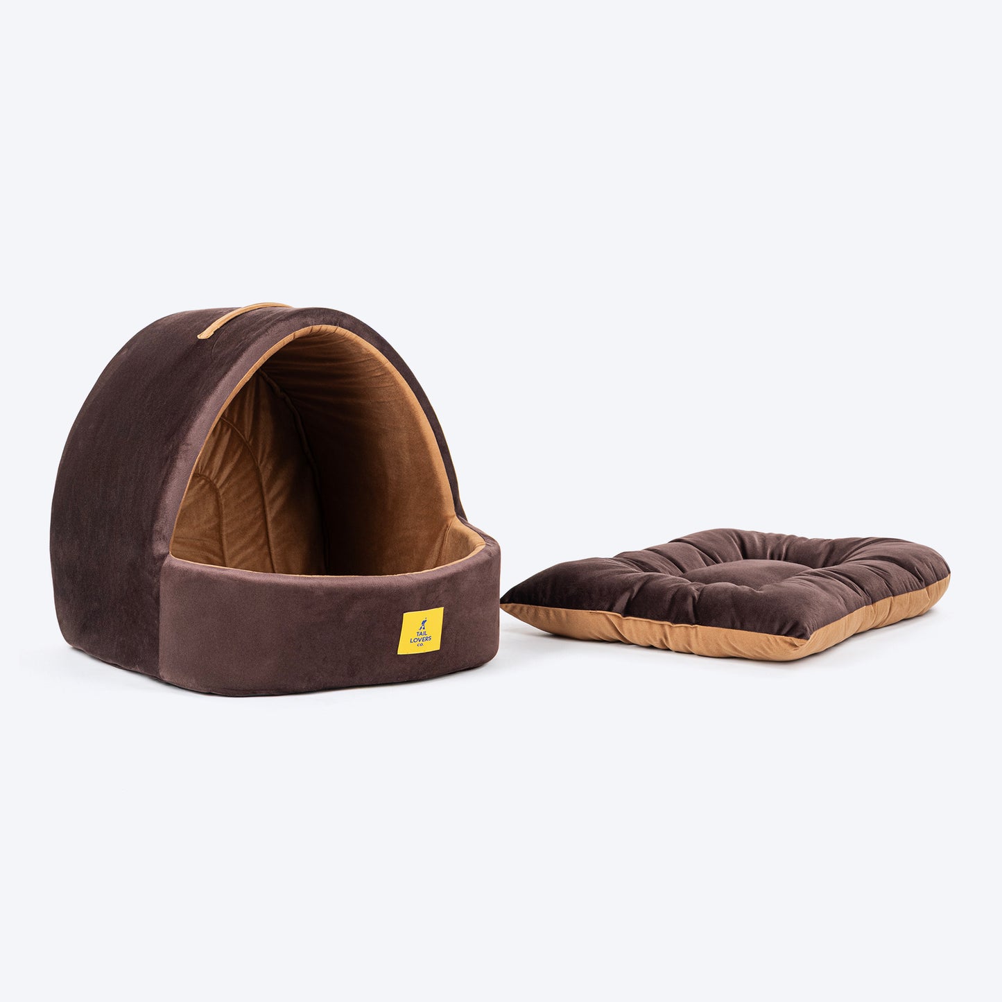TLC Cave Bedding With Removable Cushion For Dog & Cat - Dark Brown & Beige - Heads Up For Tails