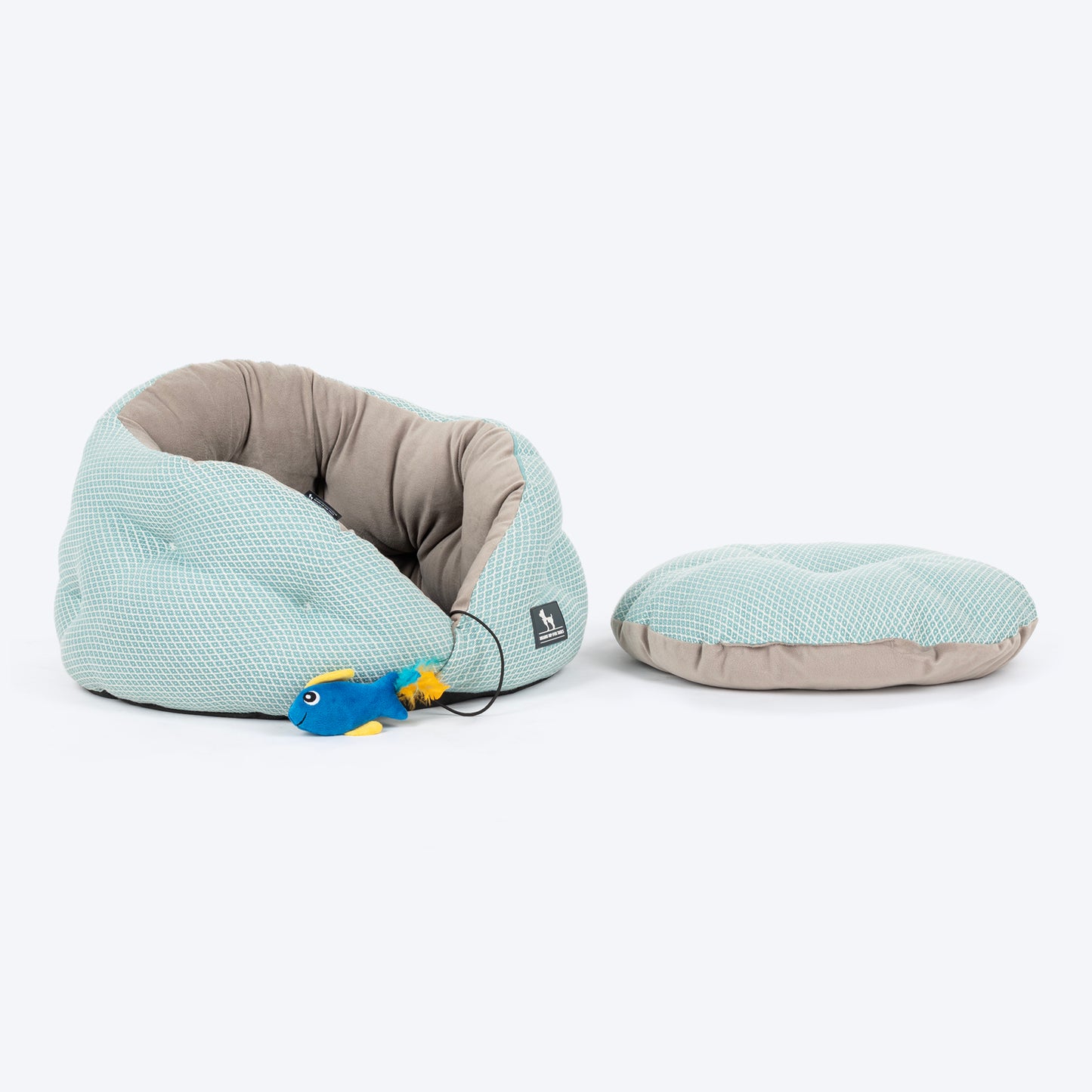 HUFT Purrfect Perch Bed With Fish Plush Toy For Cat & Puppy - Light Blue & Grey - Heads Up For Tails