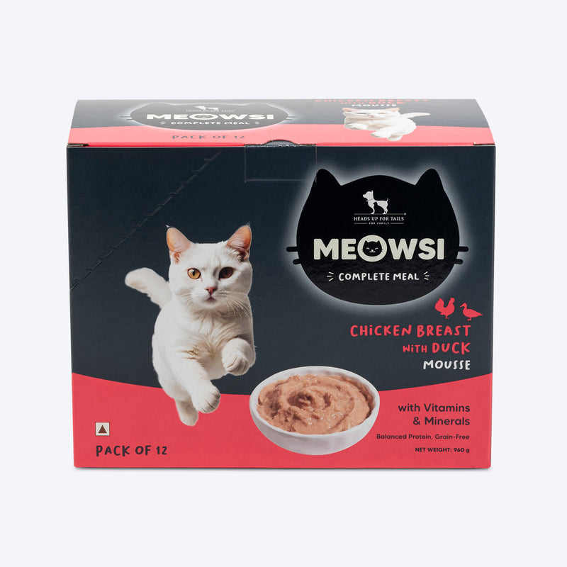 Meowsi by HUFT Chicken Breast with Duck Mousse Cat Wet Food, 80 gm, grain-free, with vitamins and minerals.