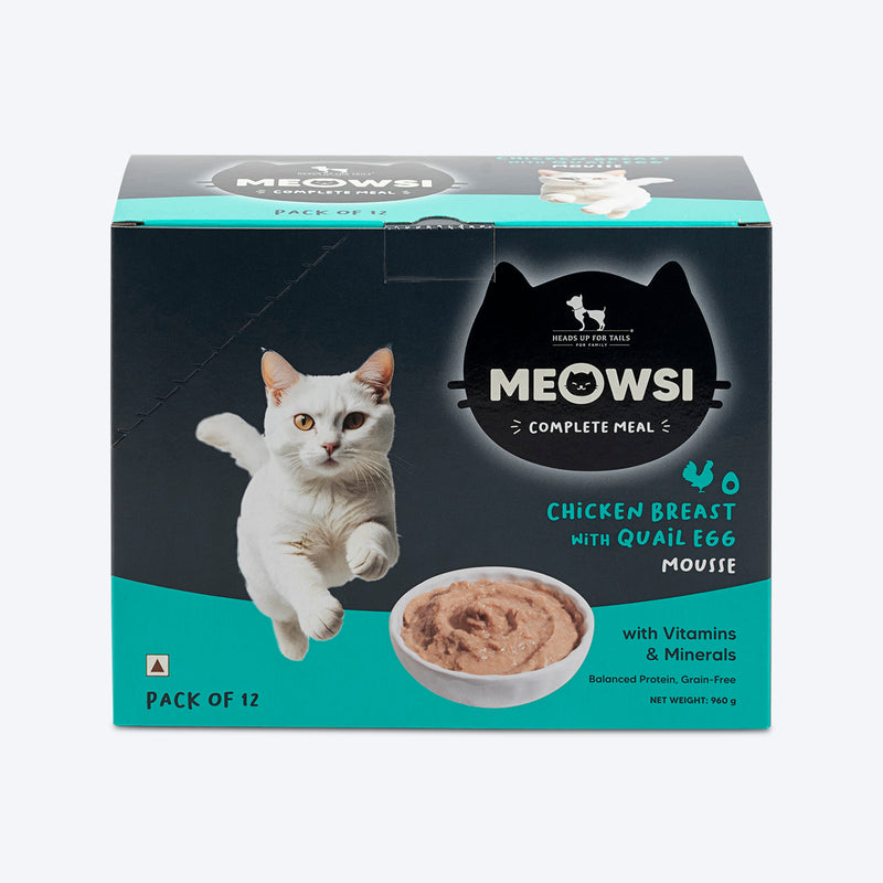 Meowsi by HUFT Chicken Breast with Quail Egg Mousse Cat Wet Food, 80 gm, grain-free, with vitamins and minerals.
