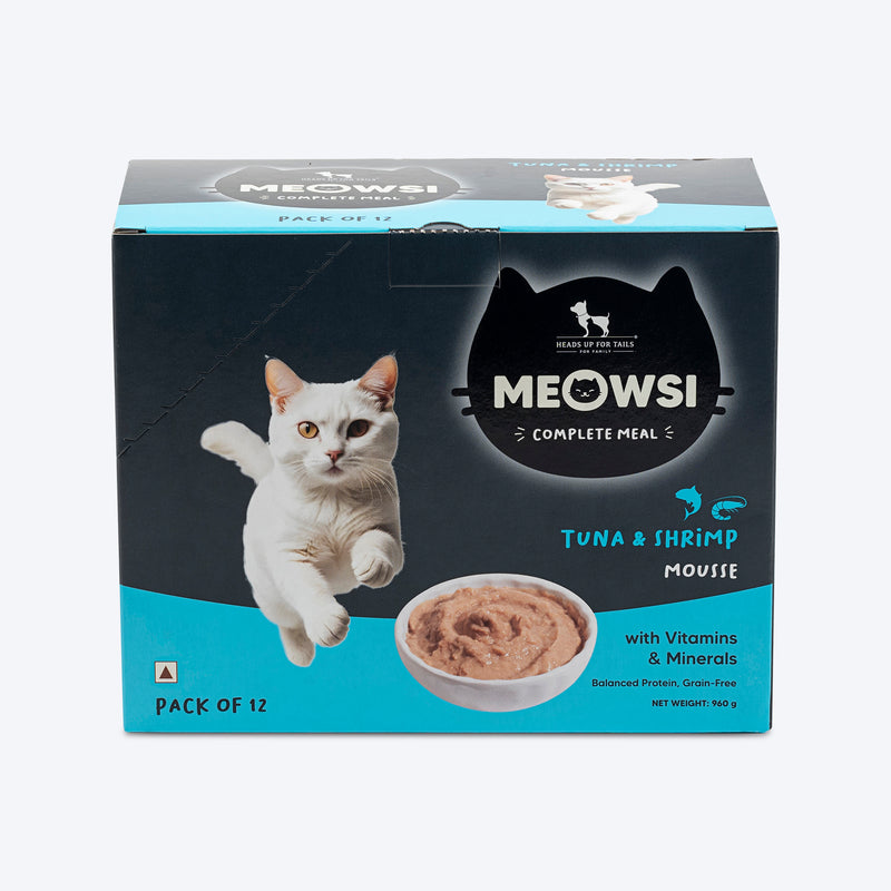 Meowsi by HUFT Tuna & Shrimp Mousse Cat Wet Food, 80 gm, grain-free, with vitamins and minerals for balanced nutrition.