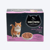 Meowsi by HUFT Chicken Breast with Duck pâté cat wet food, 80 gm, featuring a cat and a bowl of food on the packaging.
