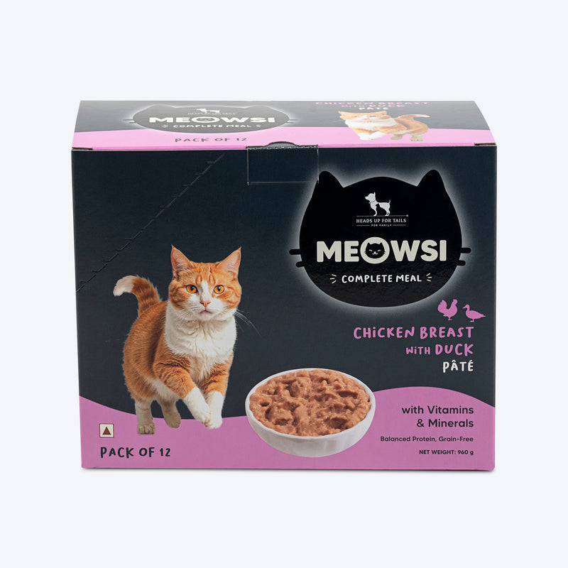 Meowsi by HUFT Chicken Breast with Duck pâté cat wet food, 80 gm, featuring a cat and a bowl of food on the packaging.
