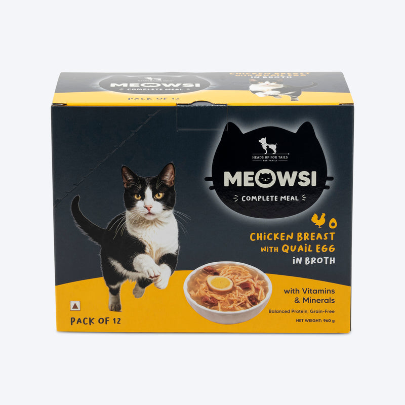Meowsi by HUFT Chicken Breast with Quail Egg in Broth, 80 gm, grain-free cat wet food with vitamins and minerals.