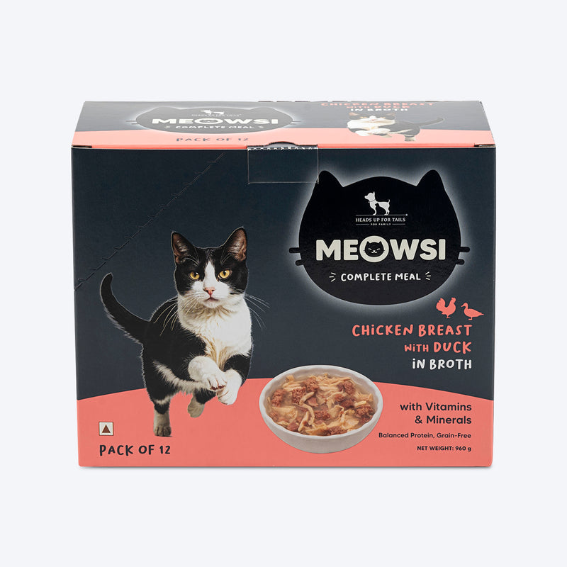 Meowsi by HUFT Chicken Breast with Duck in Broth Cat Wet Food, 80 gm, complete meal with vitamins and minerals.