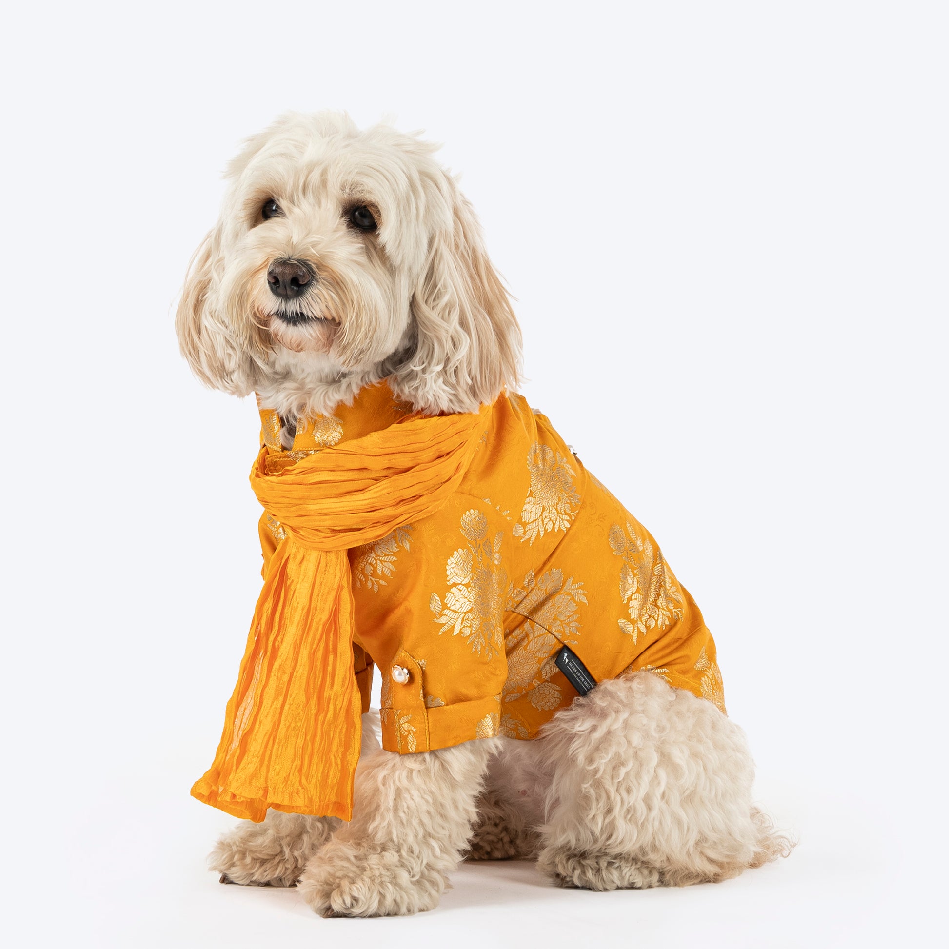 HUFT Customised Woofy Zari Glow Brocade Kurta With Dupatta For Dog - Yellow - Heads Up For Tails
