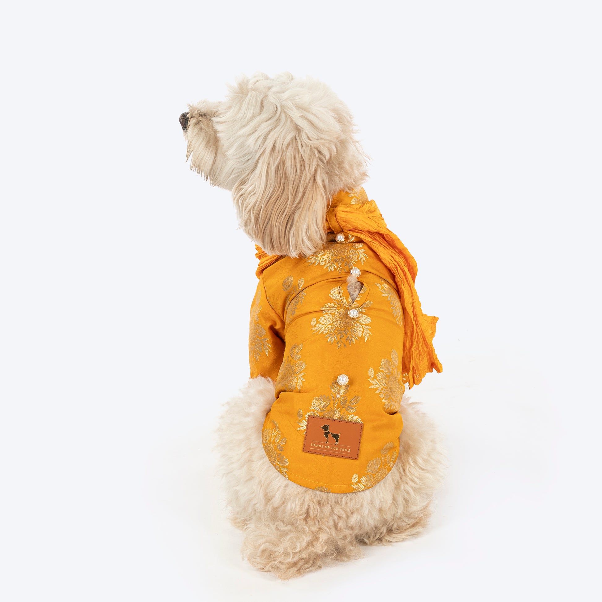 HUFT Customised Woofy Zari Glow Brocade Kurta With Dupatta For Dog - Yellow - Heads Up For Tails