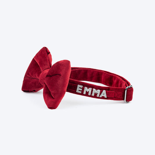 HUFT Personalised Luxe Velvet Bling Fabric Collar With Bow Tie For Dog - Maroon - Heads Up For Tails