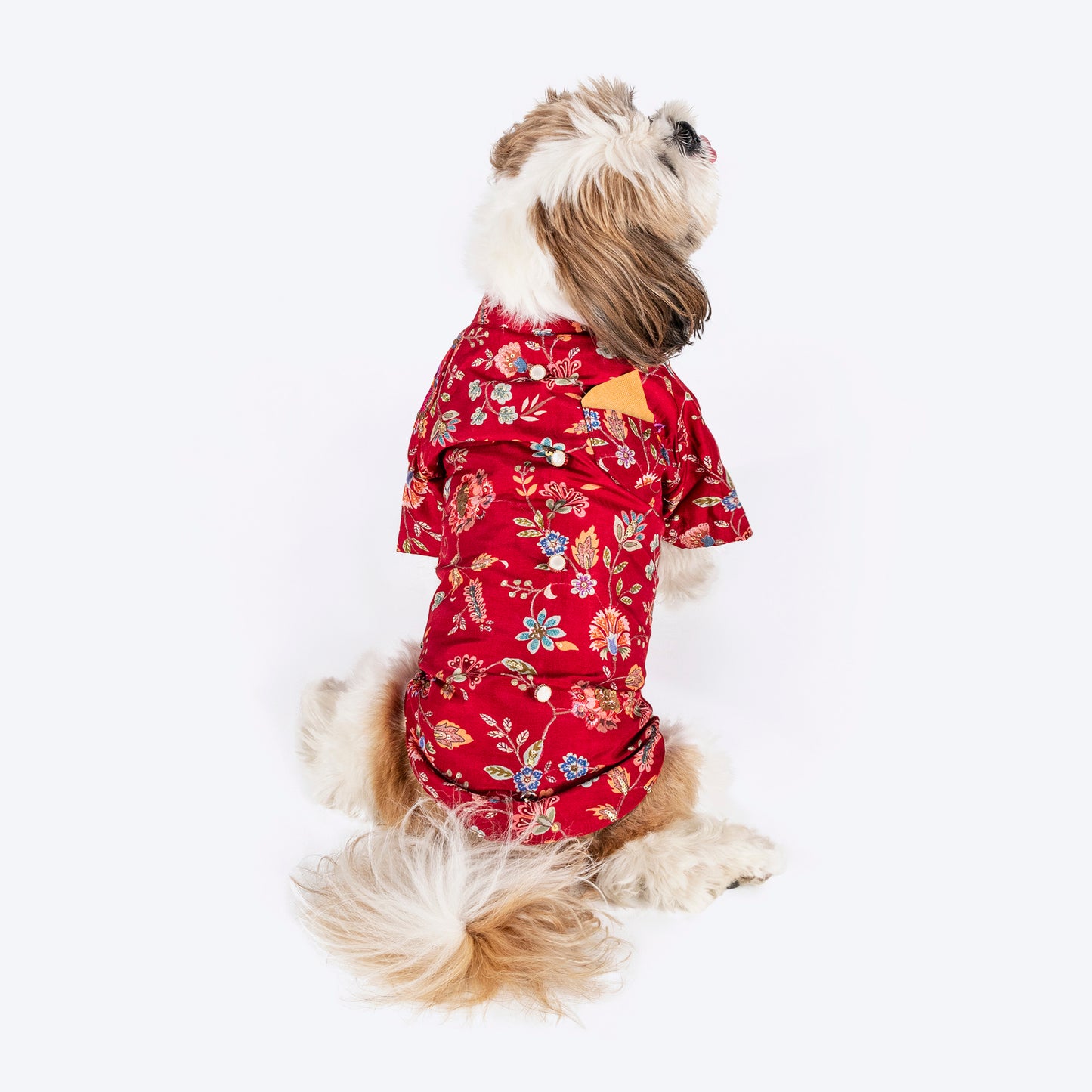 HUFT Personalised Floral Shine Bandhgala with Pocket Square and Pearl Buttons For Dog - Red - Heads Up For Tails