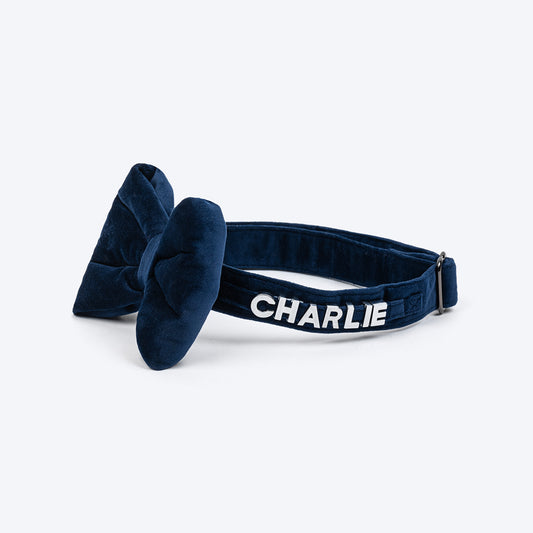 HUFT Personalised Luxe Velvet Fabric Collar With Bow Tie For Dog - Dark Navy - Heads Up For Tails